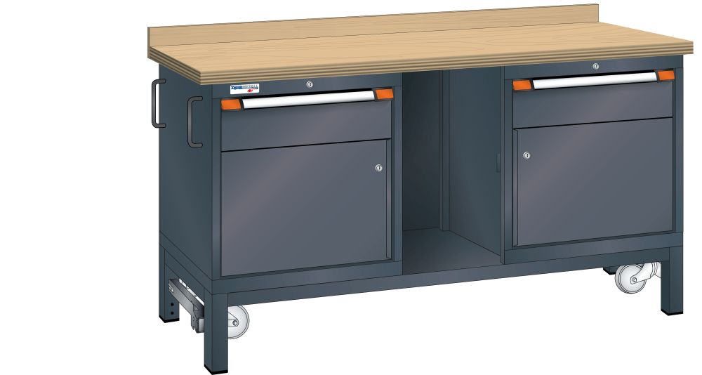 Workbench mobile (WxDxH) 1500x700x880-900mm beech KEY Lock R7016