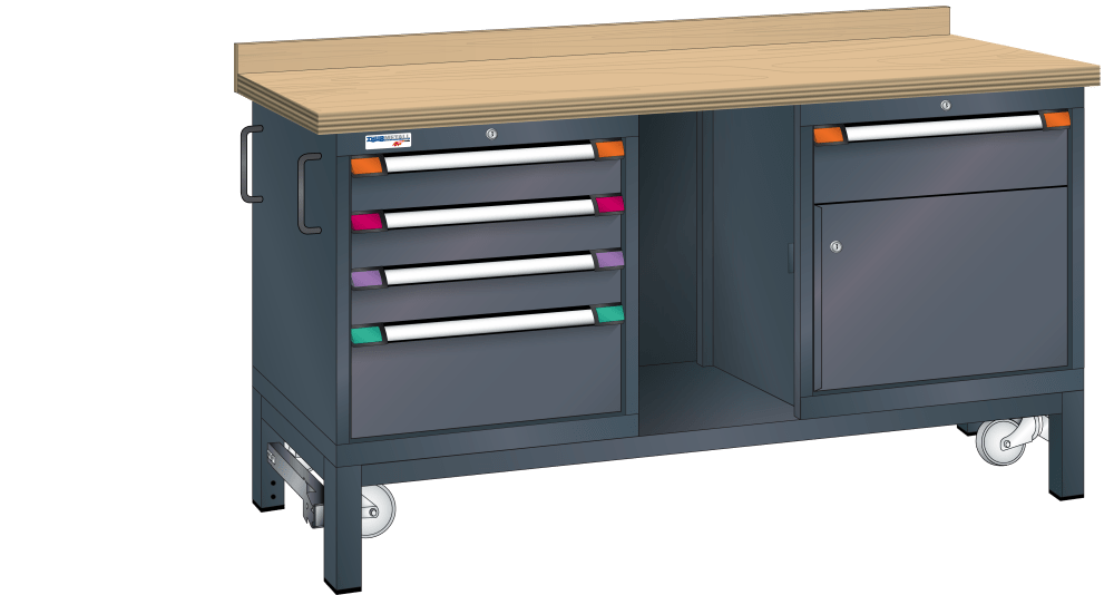 Workbench mobile (WxDxH) 1500x700x880-900mm beech KEY Lock R7016